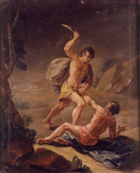 Pictură: Cain ridică brațul să-l lovească pe Abel, căzut la pământ